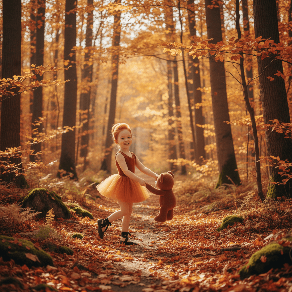 Child in an orange dress holding a teddy bear in a forest with autumn leaves