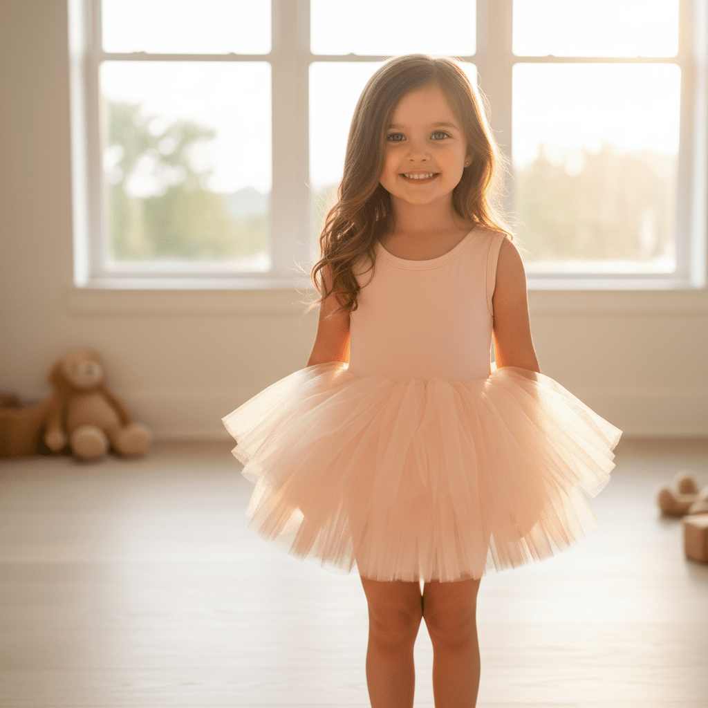 Young girl in a pink tutu dress standing in a softly lit room with large windows.