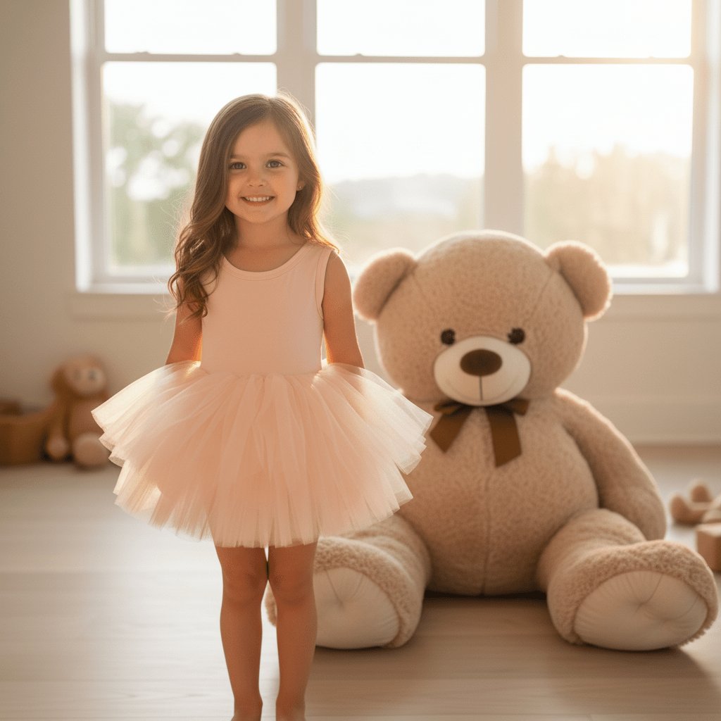 Young girl in a pink dress standing next to a large teddy bear in a softly lit room.