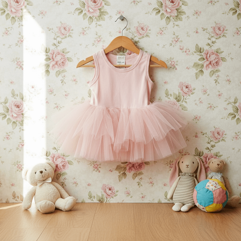Pink dress on a hanger with teddy bears and a ball against a floral wallpaper background