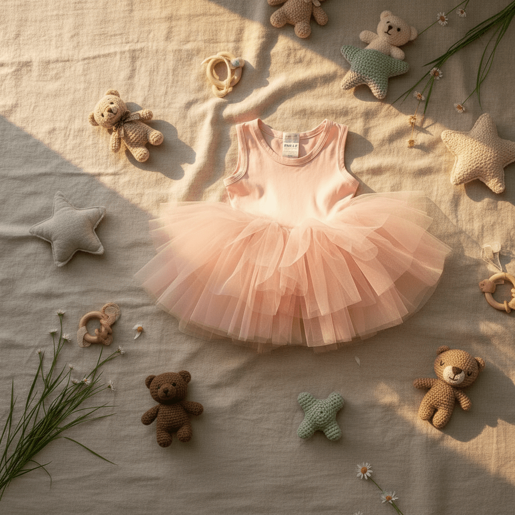Pink tutu dress on a textured surface with teddy bears and stars around
