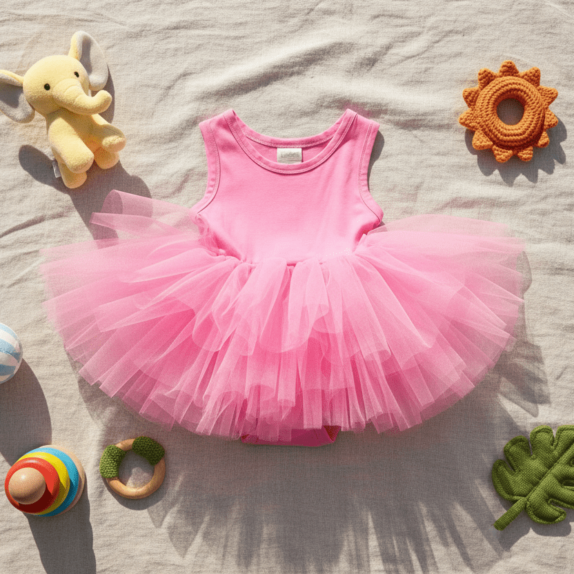 Pink tutu dress surrounded by toys on a light fabric background
