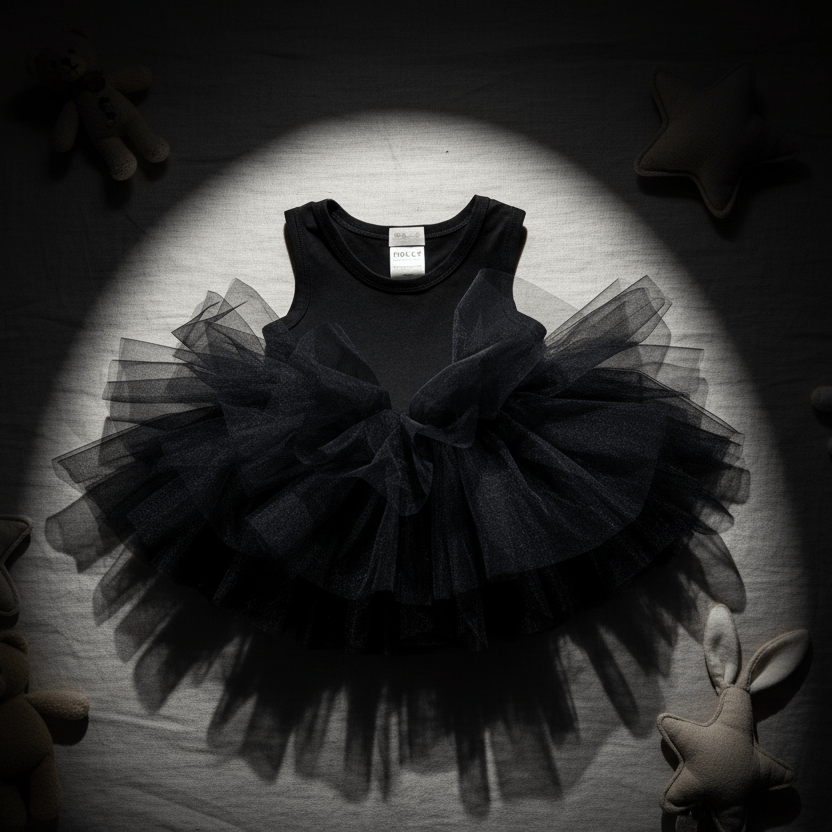 Black tutu dress on a wooden surface with a spotlight effect