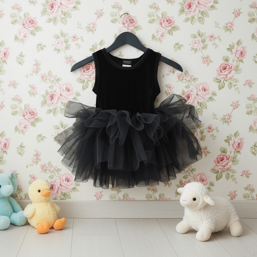 Black tutu dress on a hanger against a floral wallpaper background with stuffed toys below.