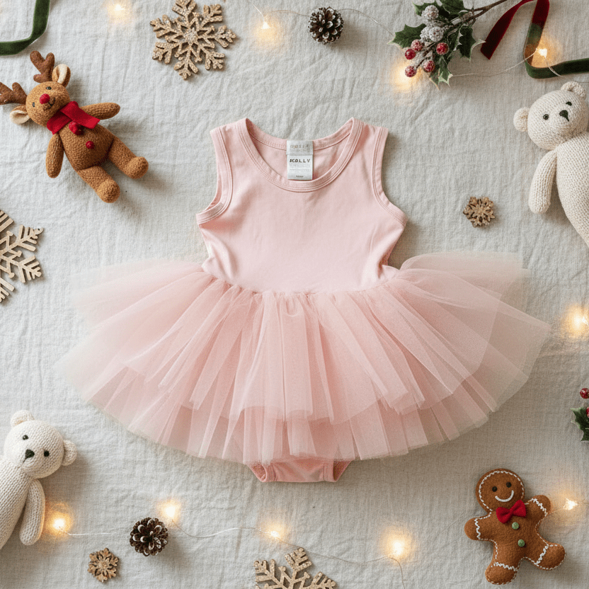 Pink baby dress with a tag on a textured surface with Christmas decorations.