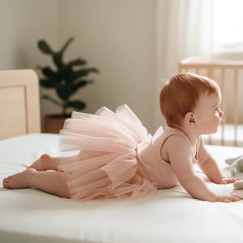 Baby in a pink tutu sitting on a bed in a softly lit room.