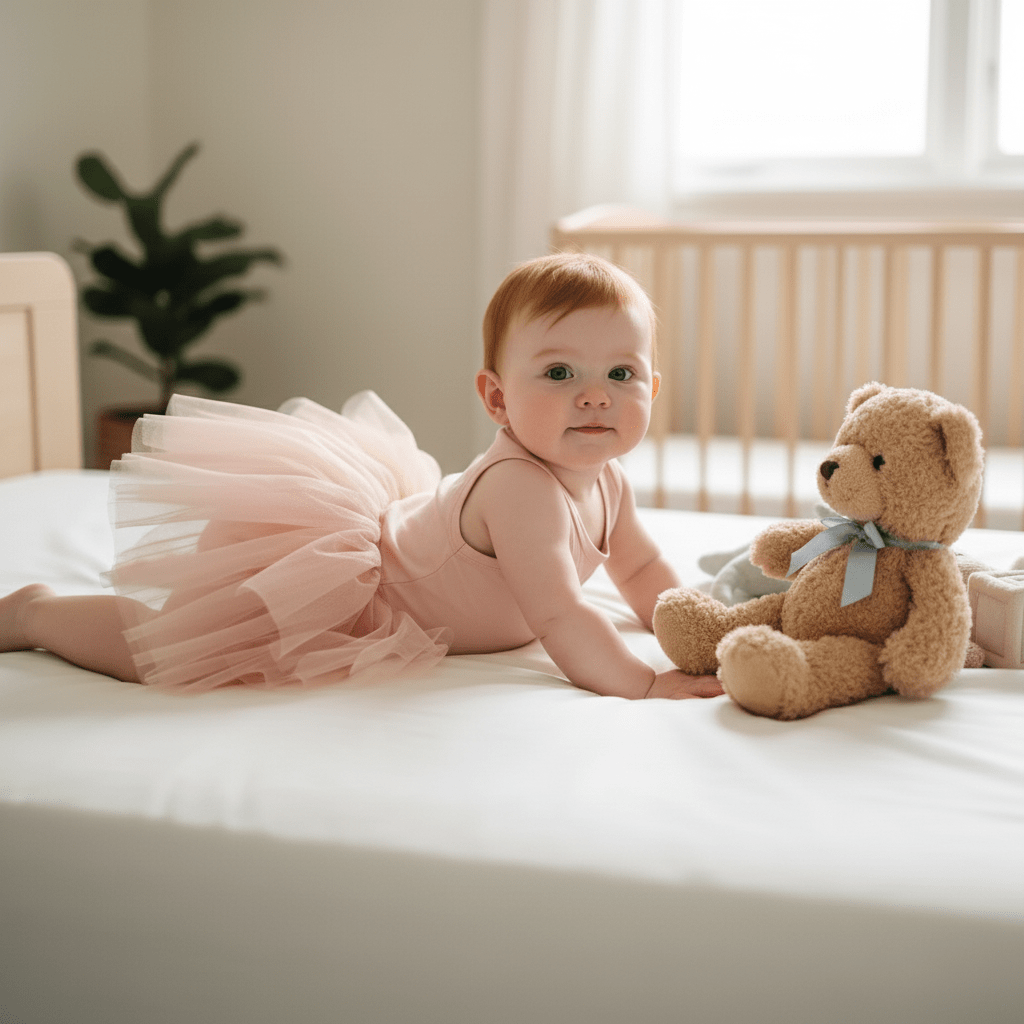 Baby in a pink outfit with a teddy bear on a bed