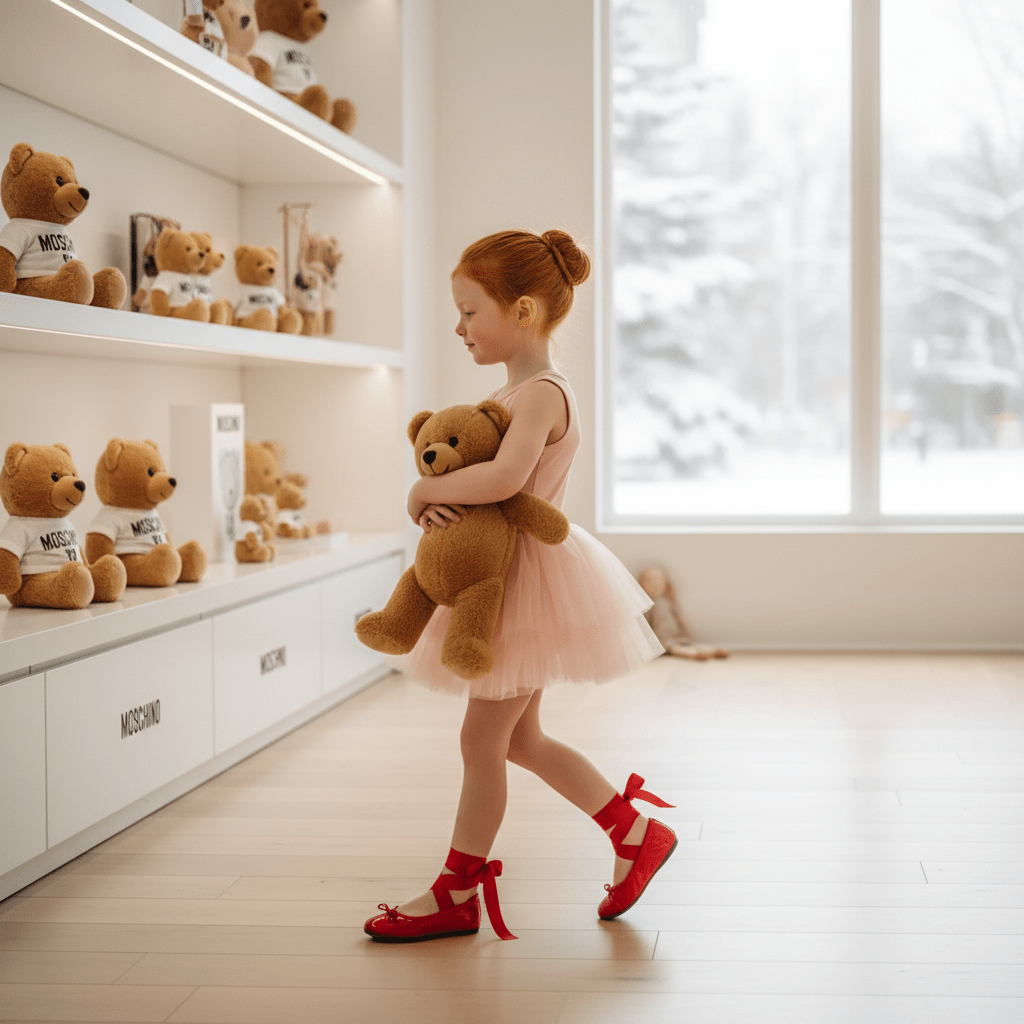 Young girl holding a teddy bear in a room with shelves of teddy bears.