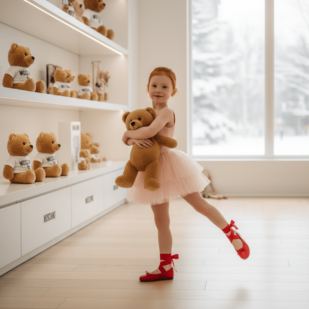 Young girl in a tutu holding a teddy bear in a room with shelves of teddy bears.