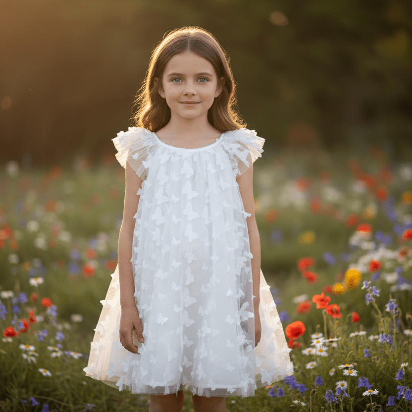 Young girl in a white dress standing in a field of flowers with a blurred background