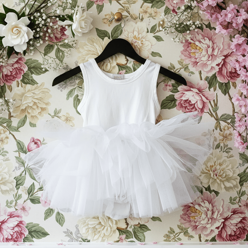 White dress on a hanger against a floral wallpaper background