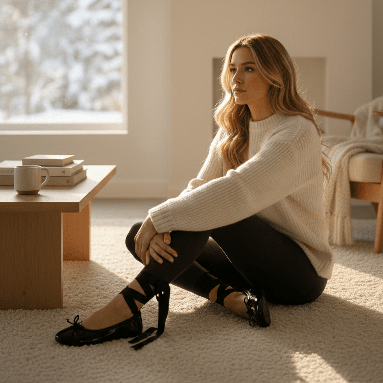 Woman sitting on the floor in a cozy room with a window in the background