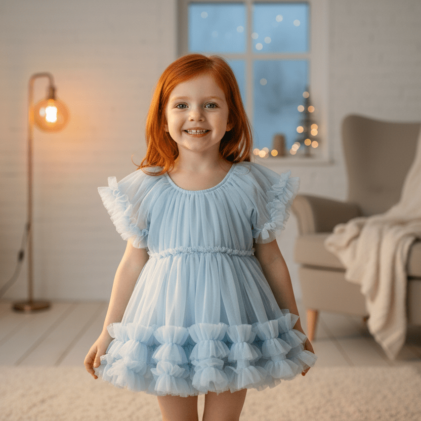 Young girl in a light blue dress standing in a cozy room with a window in the background.