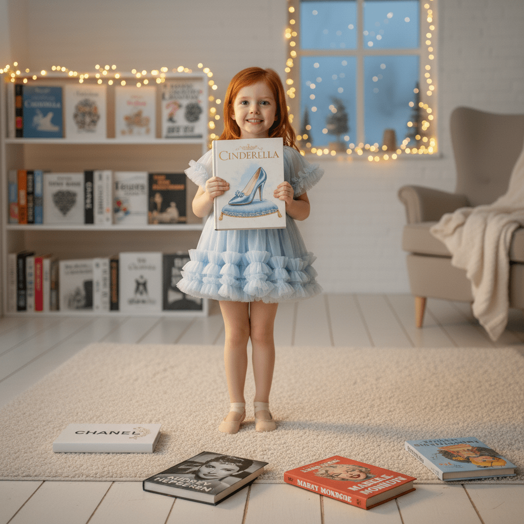 Young girl in a blue dress holding a book titled 'Cinderella' in a cozy room with books and a window.