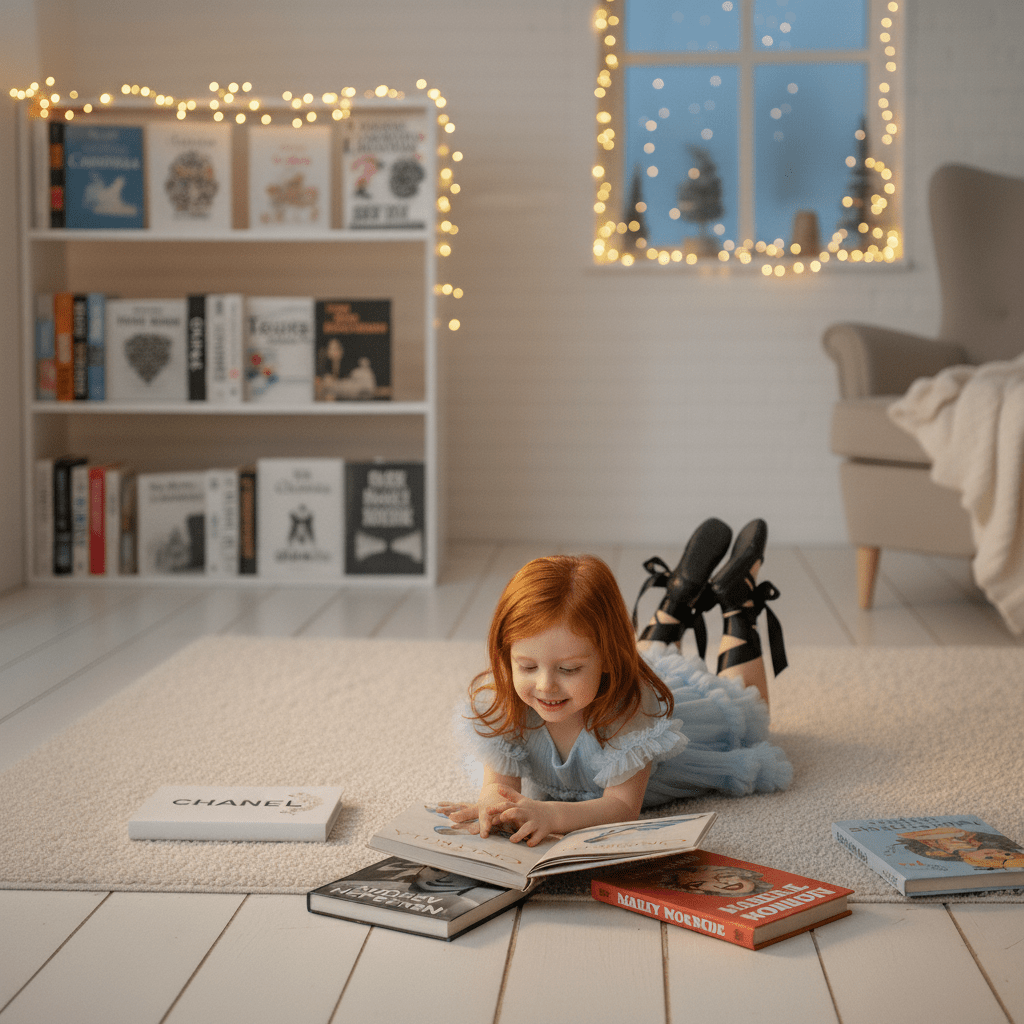 Child reading a book on the floor with a cozy room setting and bookshelf in the background.