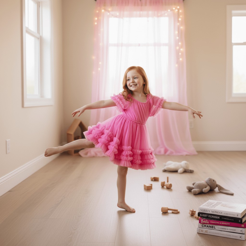 Young girl in a pink dress posing in a room with toys and books on the floor.