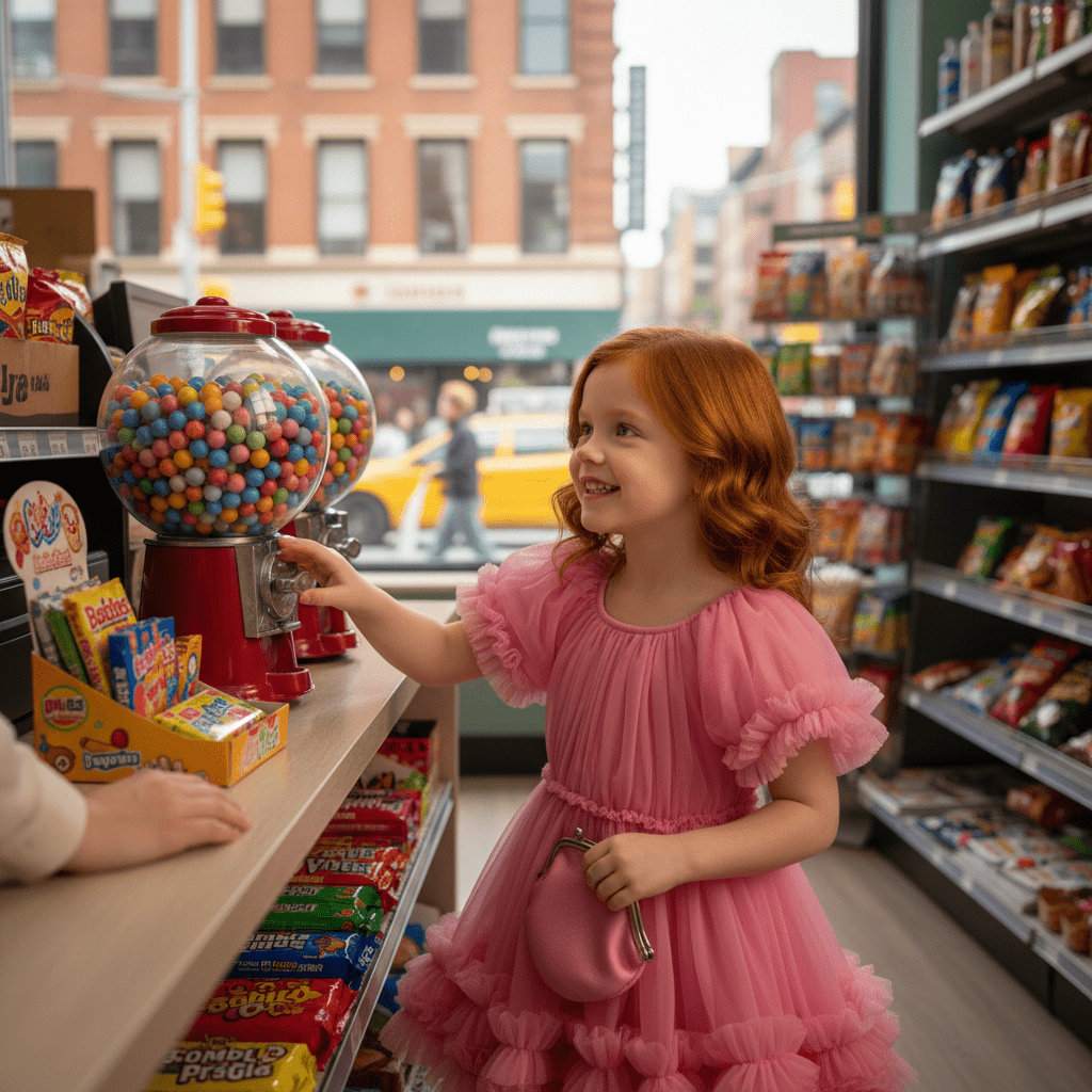 Young girl in a pink dress interacting with a gumball machine in a store.