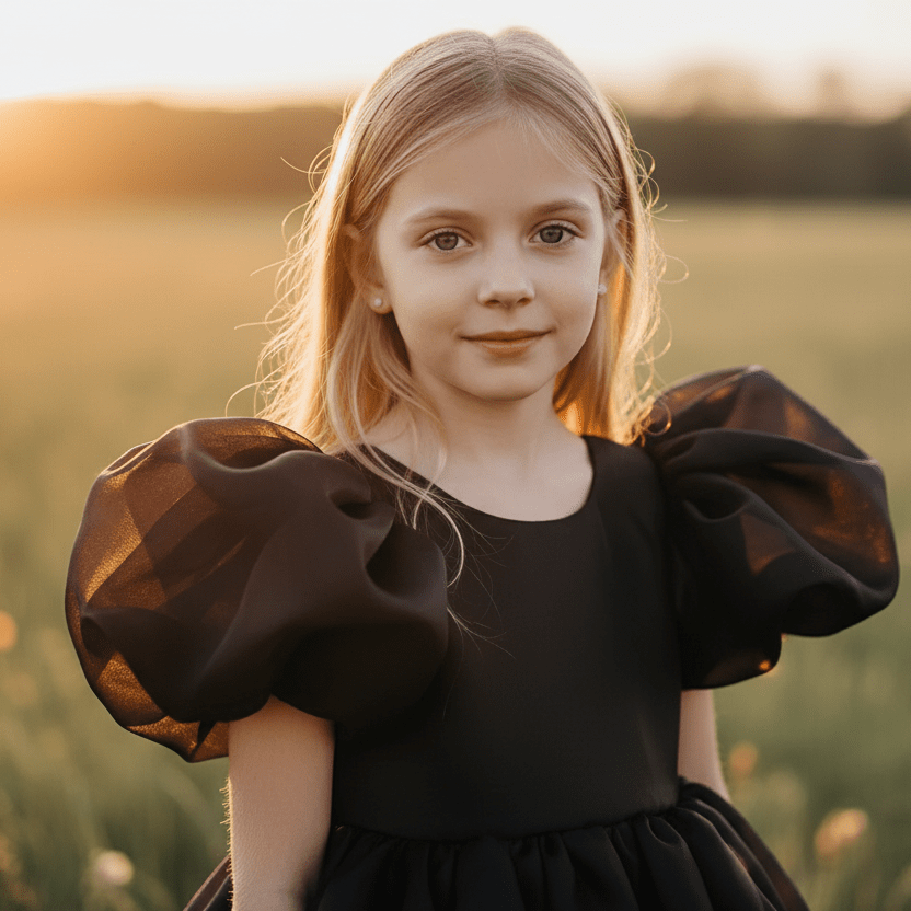 Young girl in a black dress with puffed sleeves standing in a field at sunset.