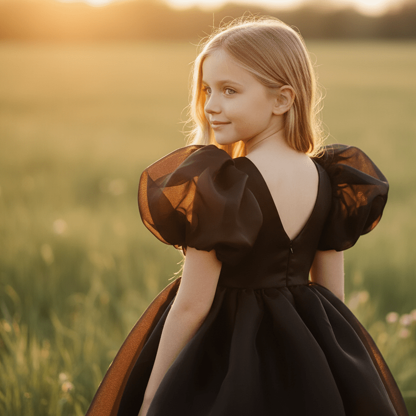 Young girl in a black dress with sheer sleeves standing in a field at sunset.