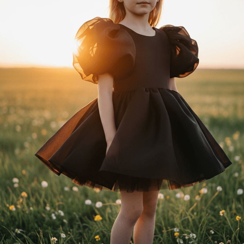 Young girl in a black dress standing in a field with sunset light.