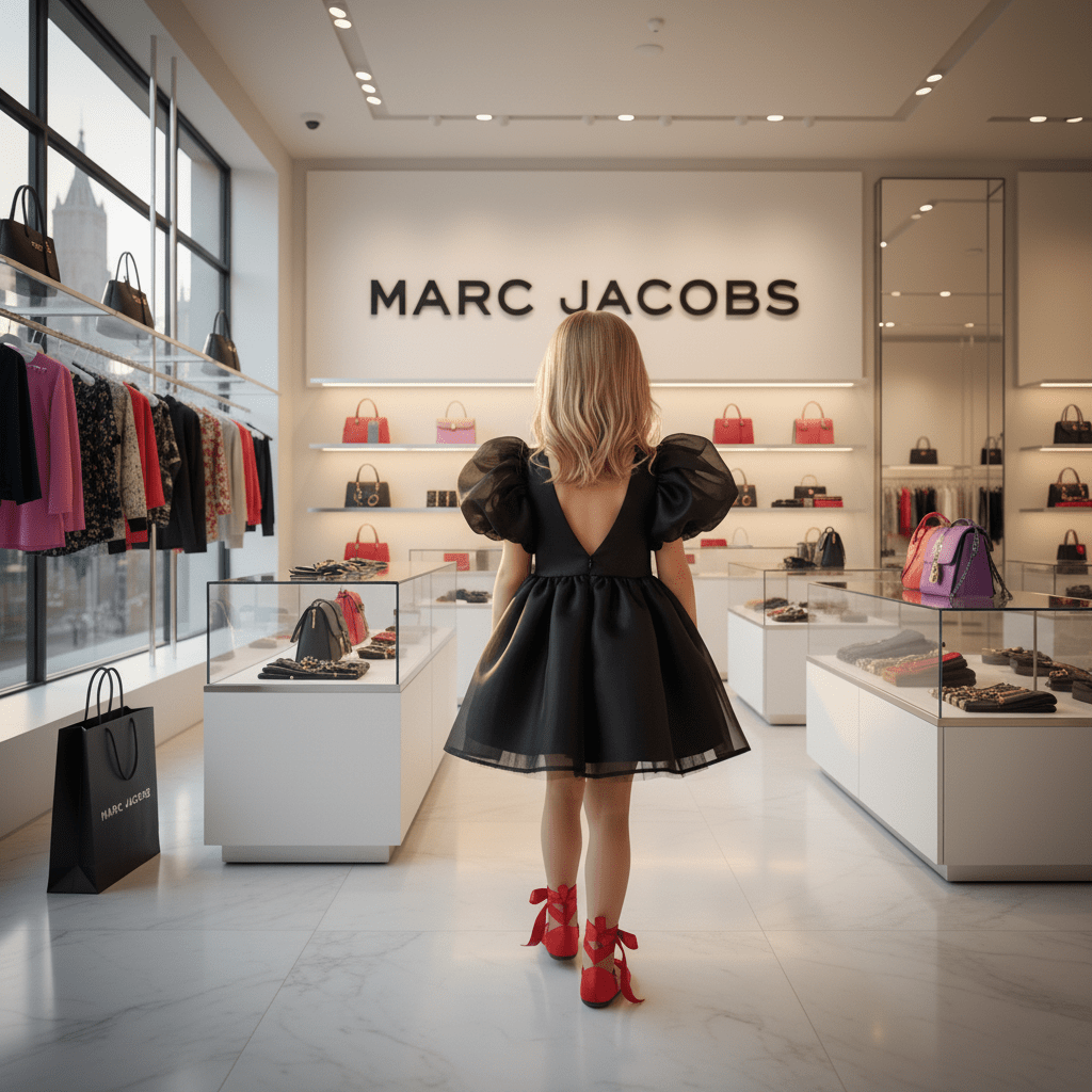 Woman in a black dress and red shoes standing in a Marc Jacobs store.