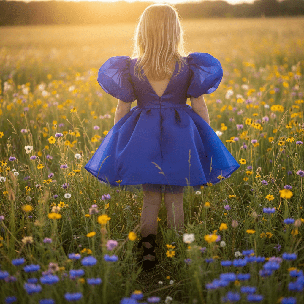 Person in a blue dress standing in a field of wildflowers at sunset