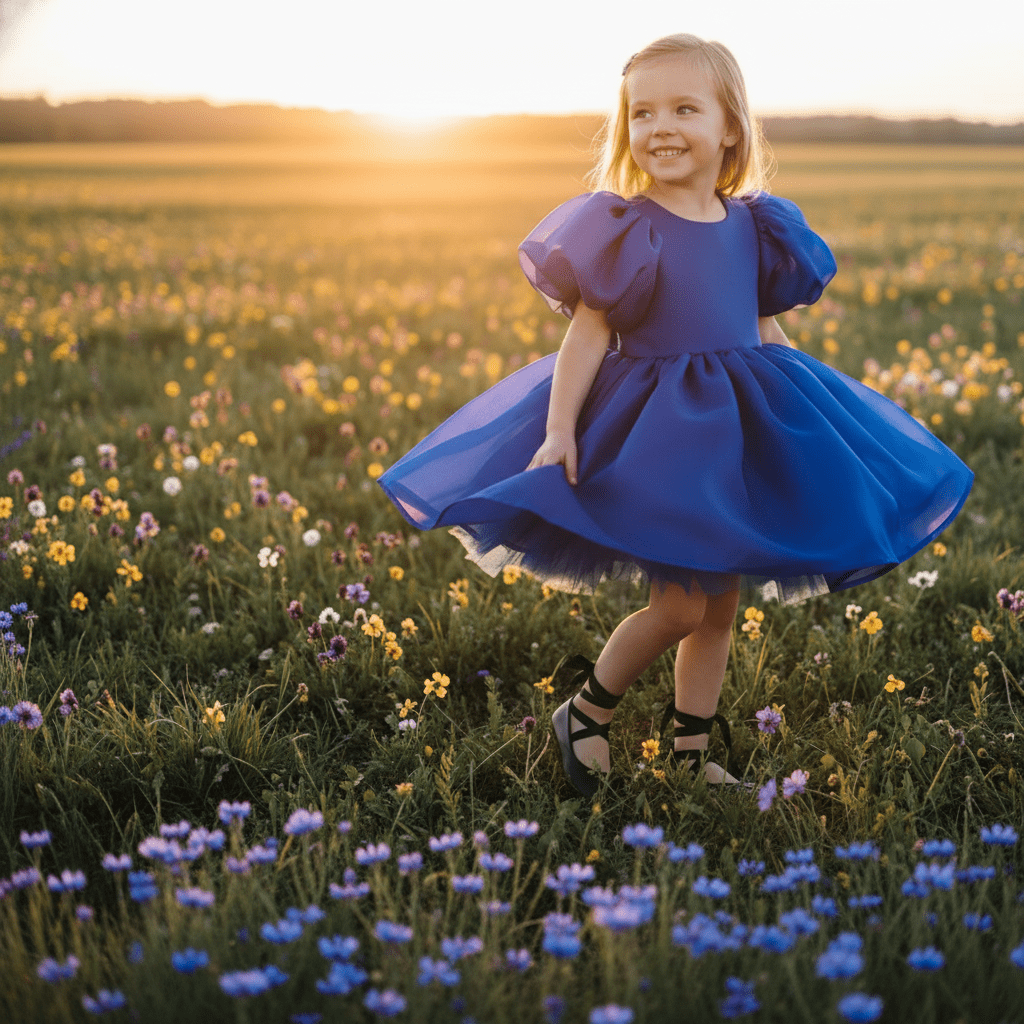 Young girl in a blue dress standing in a field of flowers at sunset