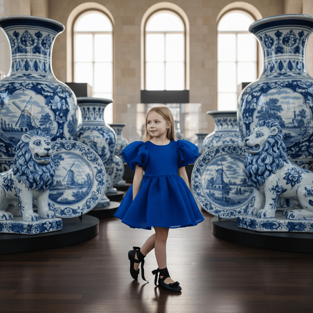 Young girl in a blue dress standing among large blue and white vases with lion designs.