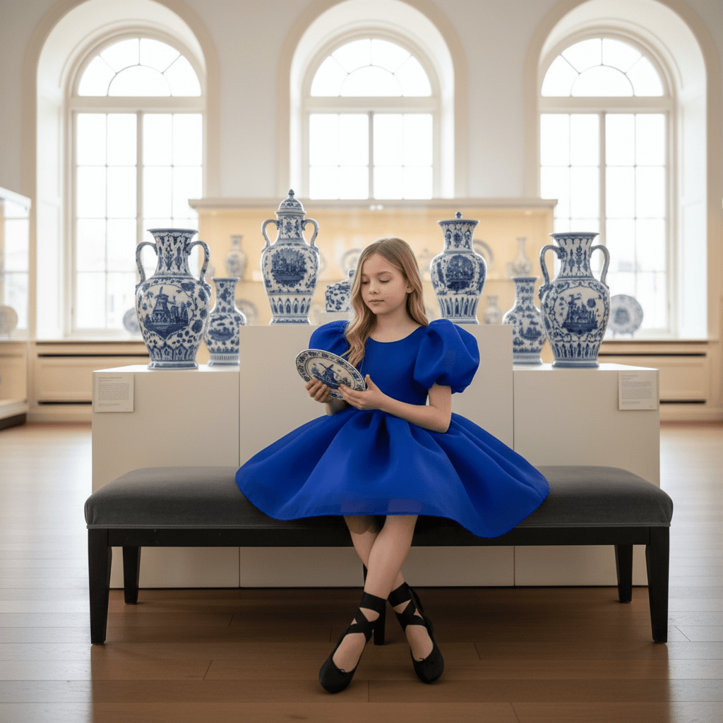Woman in a blue dress holding a ceramic plate in a room with decorative vases.