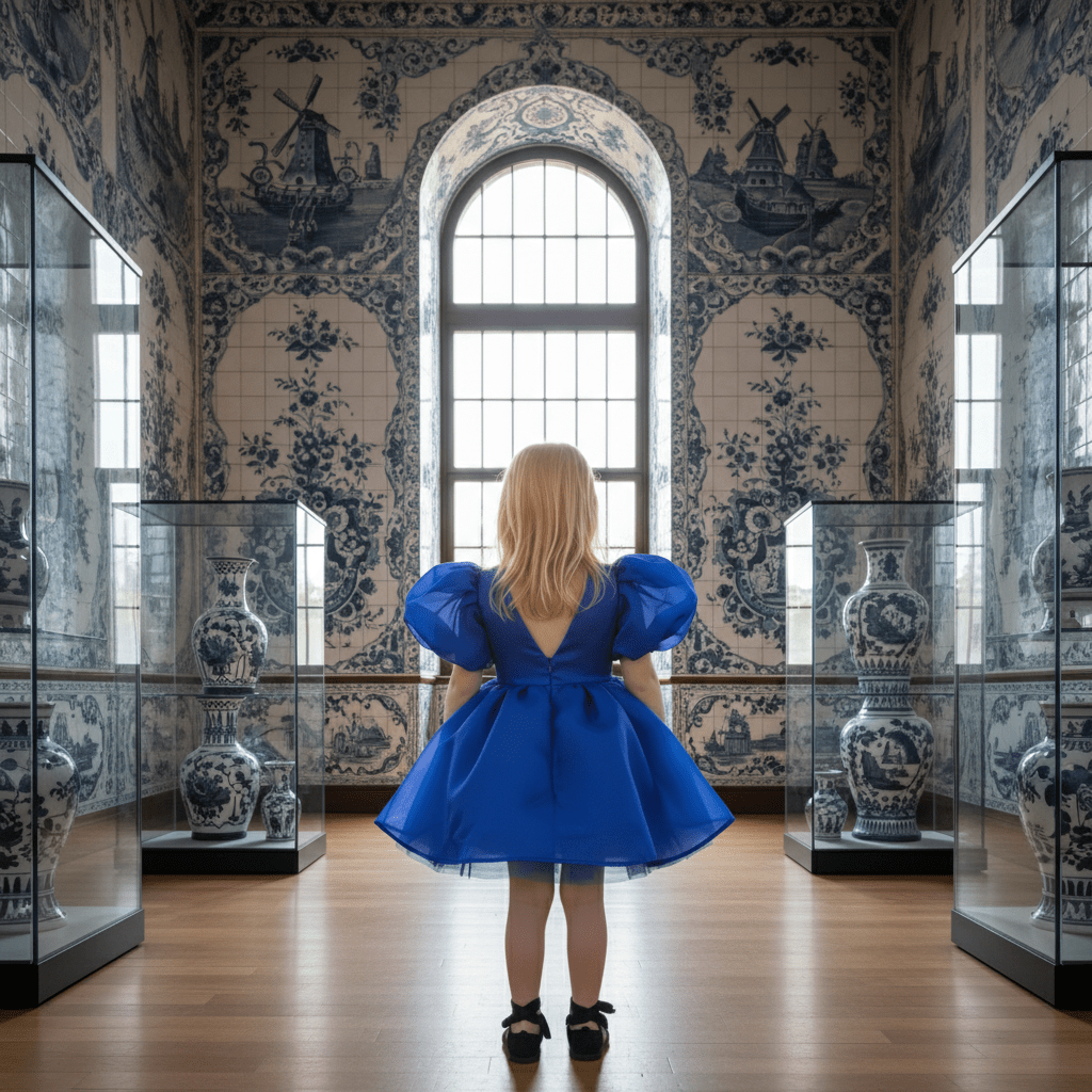 Woman in a blue dress standing in a room with decorative blue and white tiles.