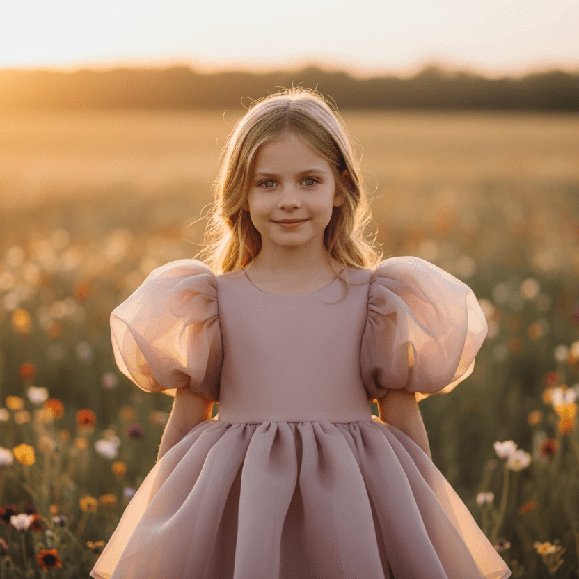 Young girl in a pink dress from DOLLY Le Petit Tom® standing in a field of flowers during sunset.