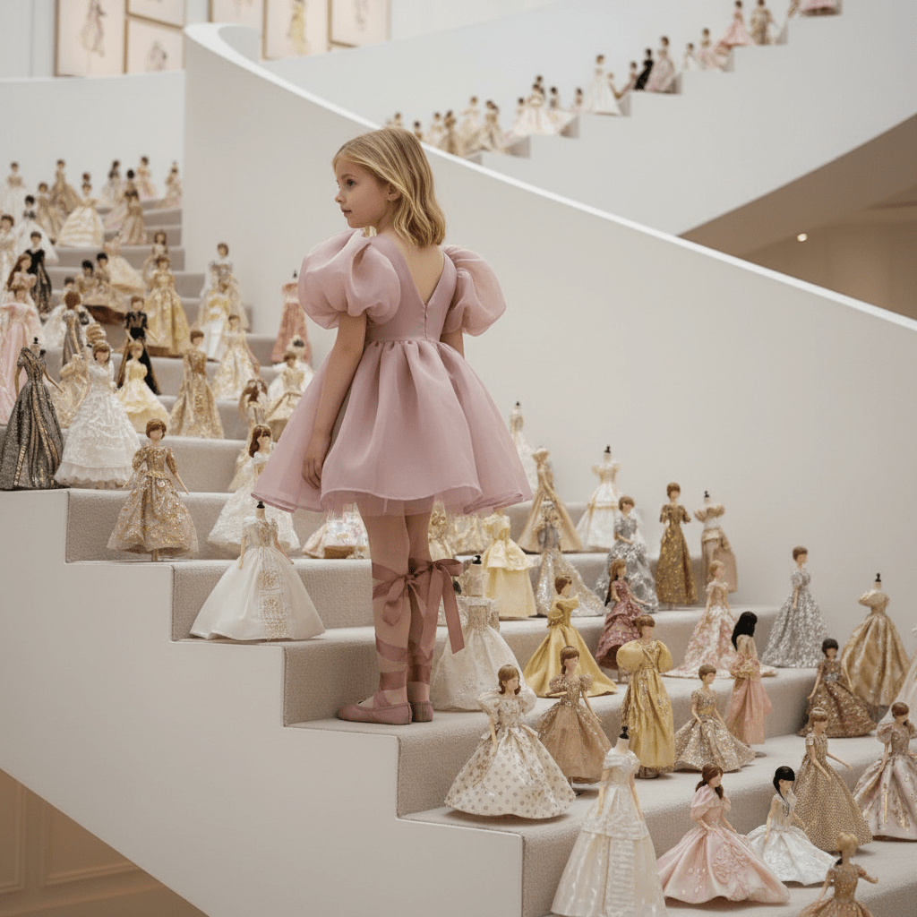 Young girl in a pink dress from DOLLY Le Petit Tom®  standing on a staircase surrounded by miniature dolls in elaborate dresses.