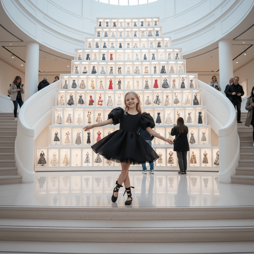 Girl in a black dress standing in front of a display of dresses in a modern building.
