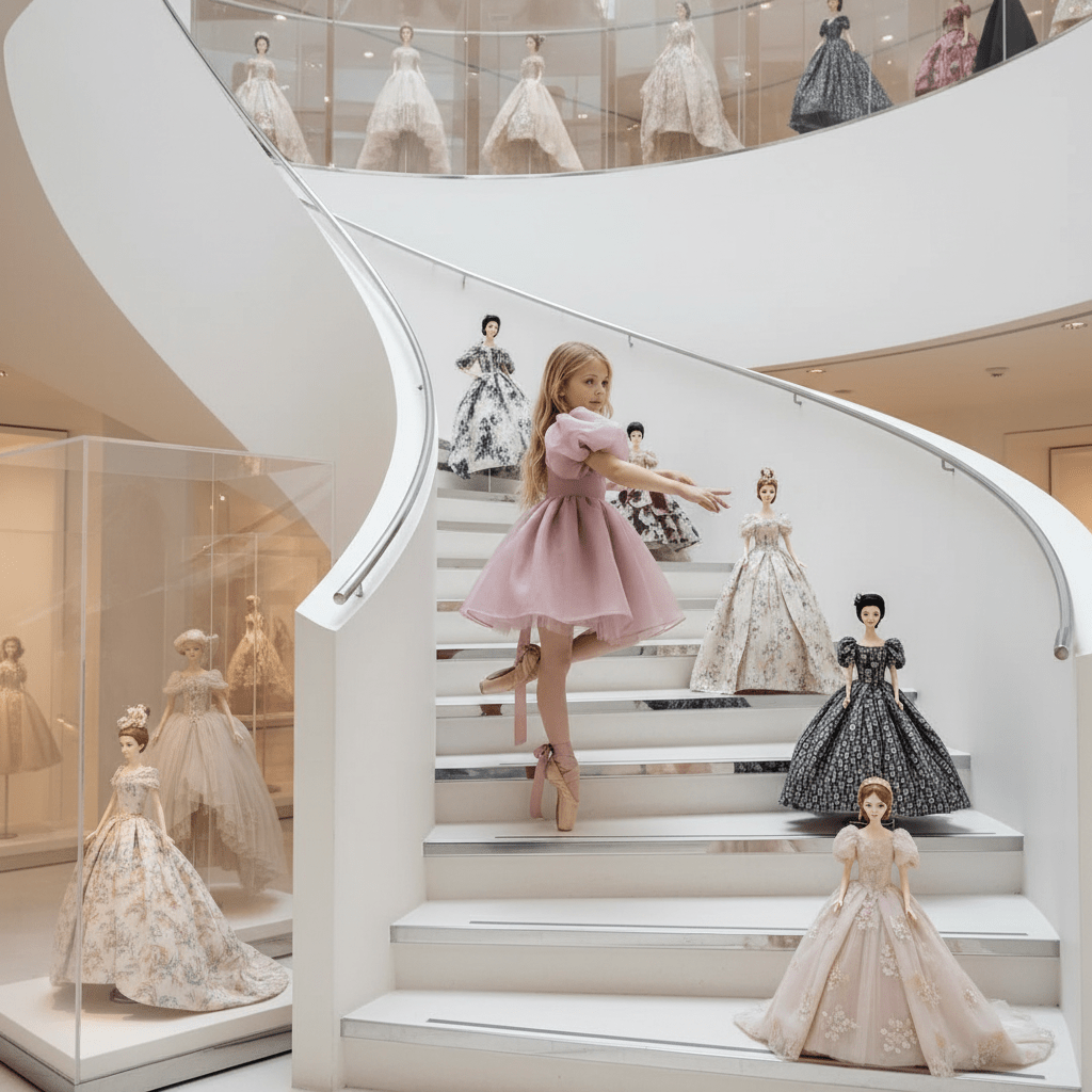 Display of dolls in various dresses on a staircase