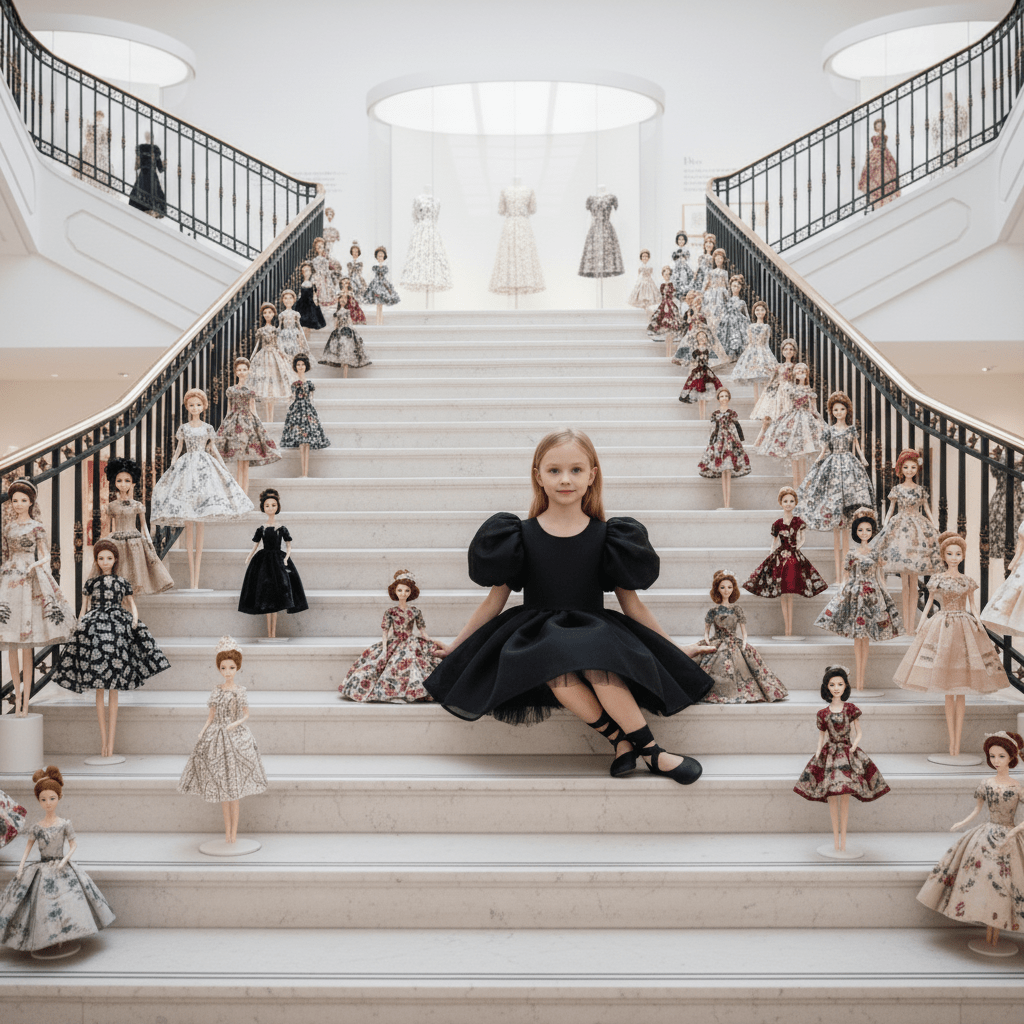Woman in a black dress sitting on a staircase surrounded by dolls in various dresses.