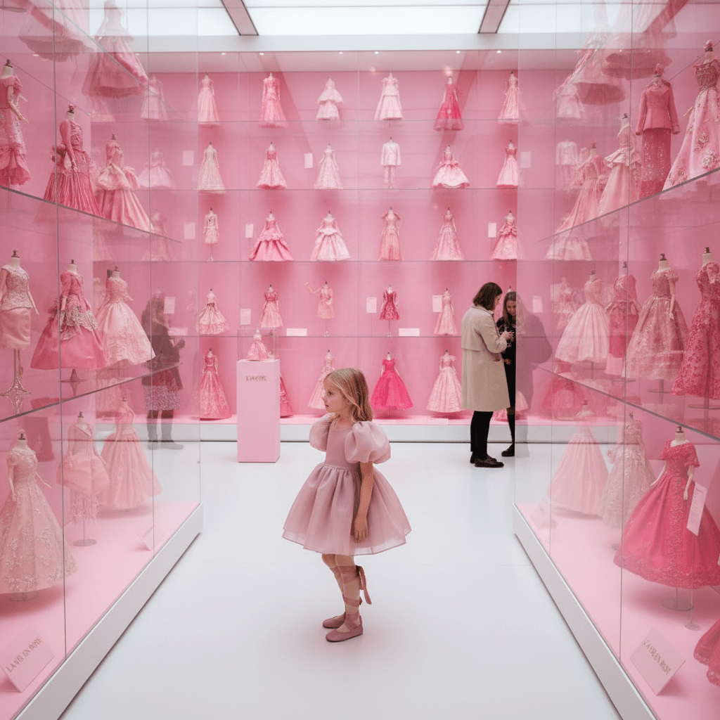Young girl in a pink dress from DOLLY Le Petit Tom®  standing in front of a display of pink dresses.