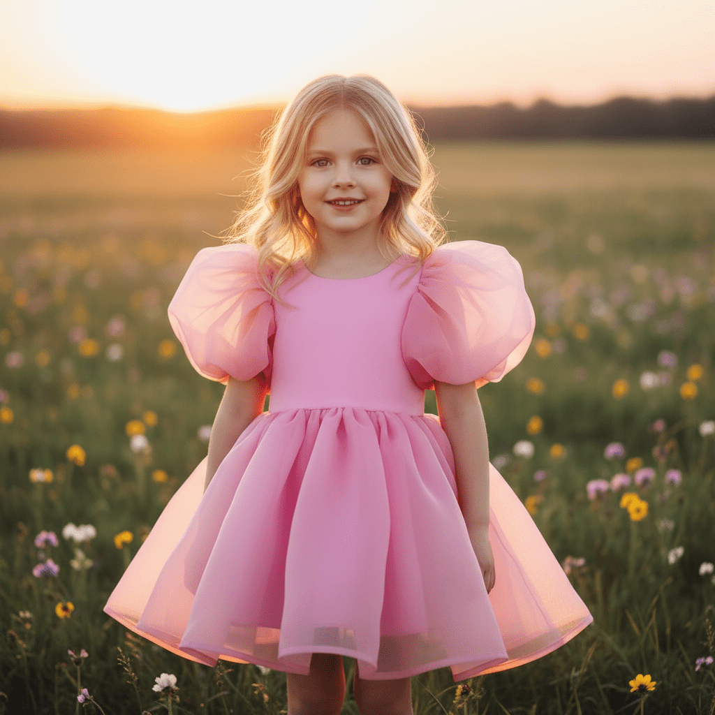 Young girl in a pink dress standing in a field of flowers at sunset