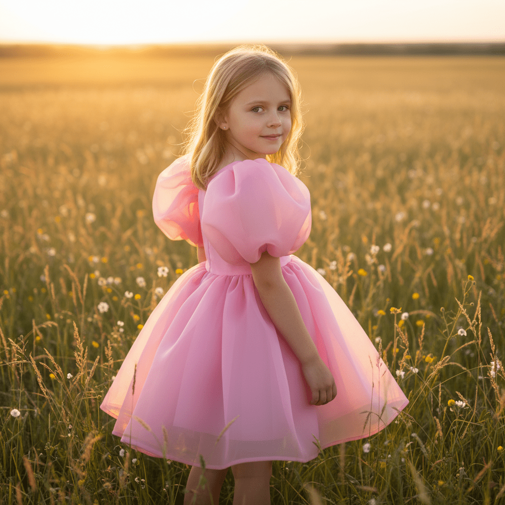 Young girl in a pink dress standing in a field of tall grass and wildflowers at sunset.