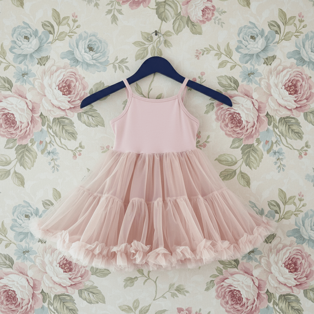 Pink dress on a hanger against a floral wallpaper background