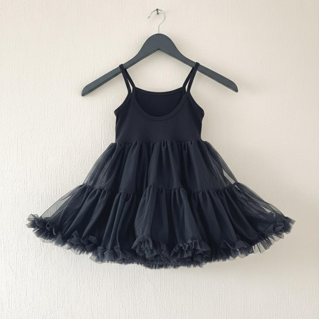 Black tiered dress on a hanger against a white background