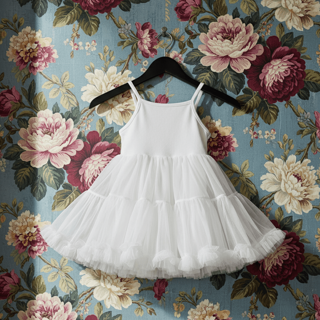 White dress on a hanger against a floral wallpaper background