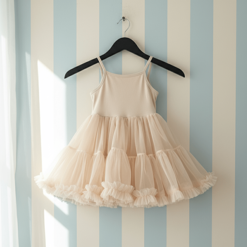 Beige dress on a hanger against a striped wall.