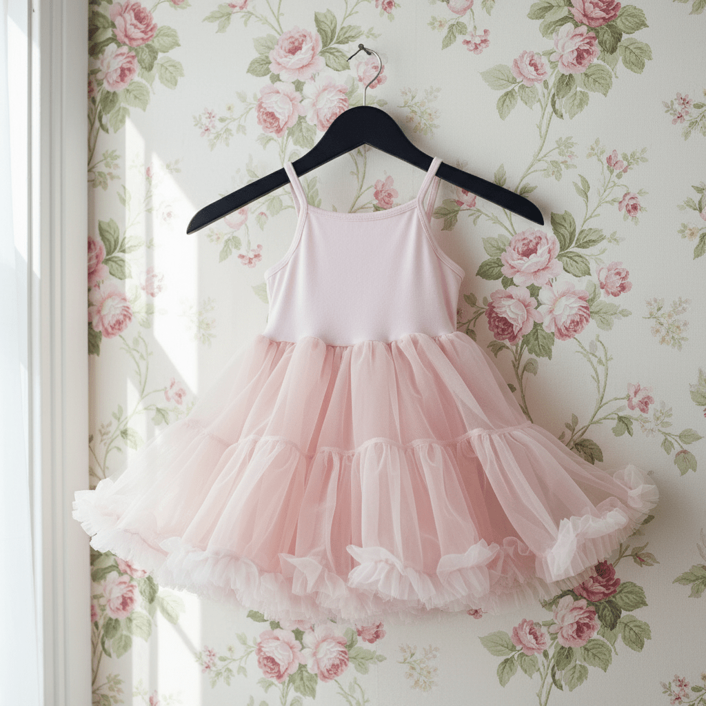 Pink dress with lace details on a hanger against floral wallpaper