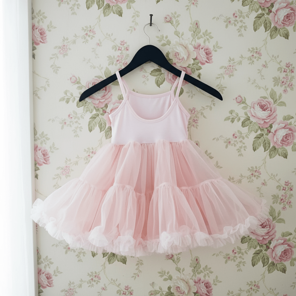 Pink dress on a hanger against a floral wallpaper background