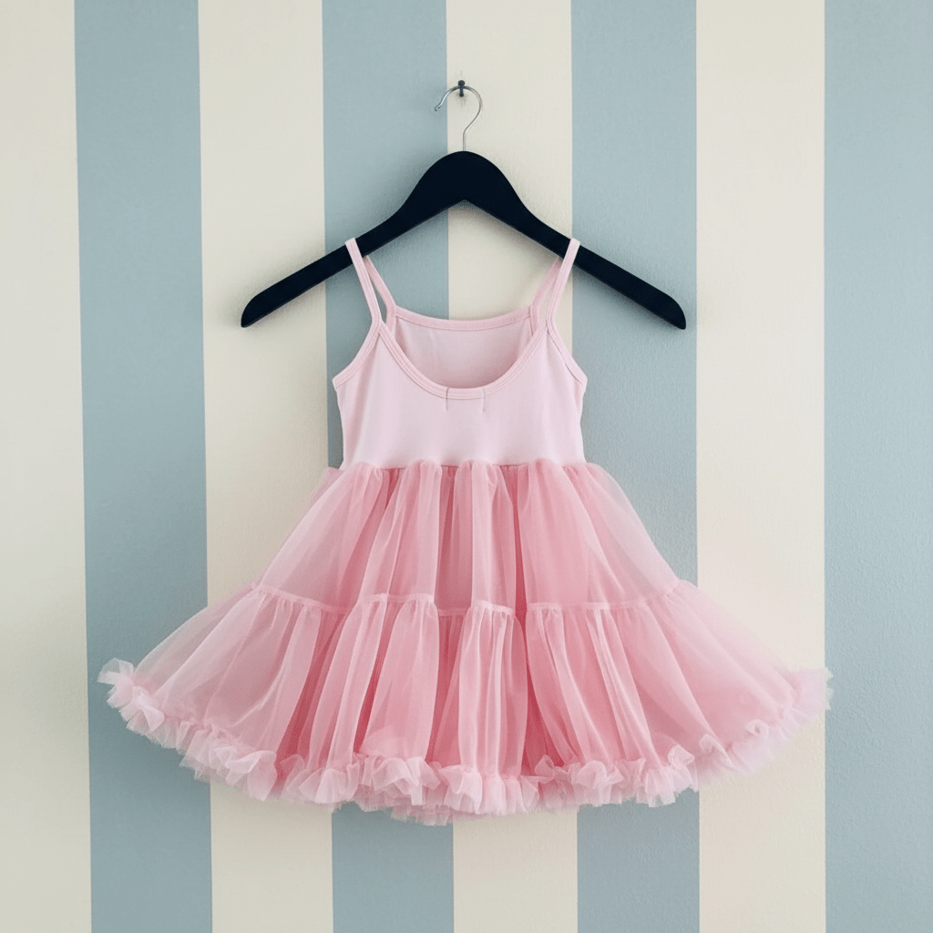 Pink dress on a hanger against a striped wall