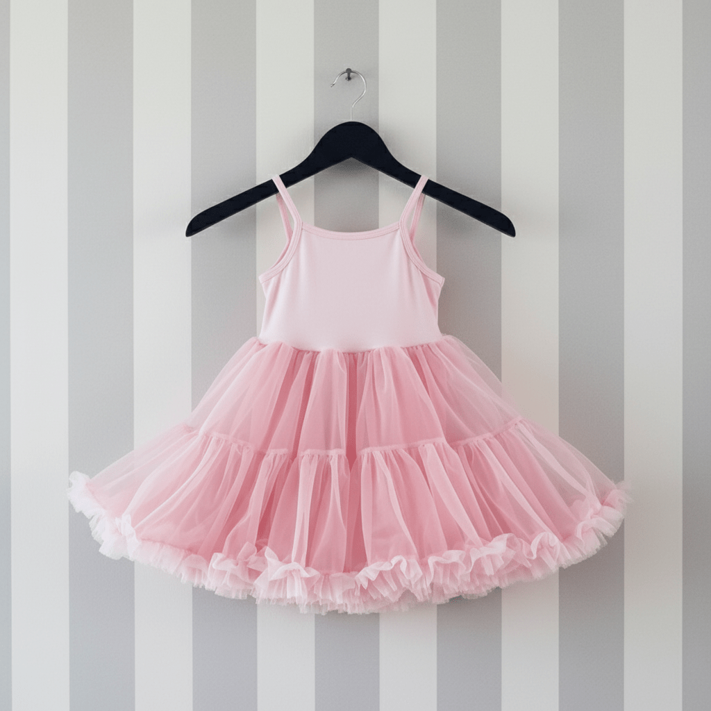Pink tutu dress on a hanger against a striped wall.