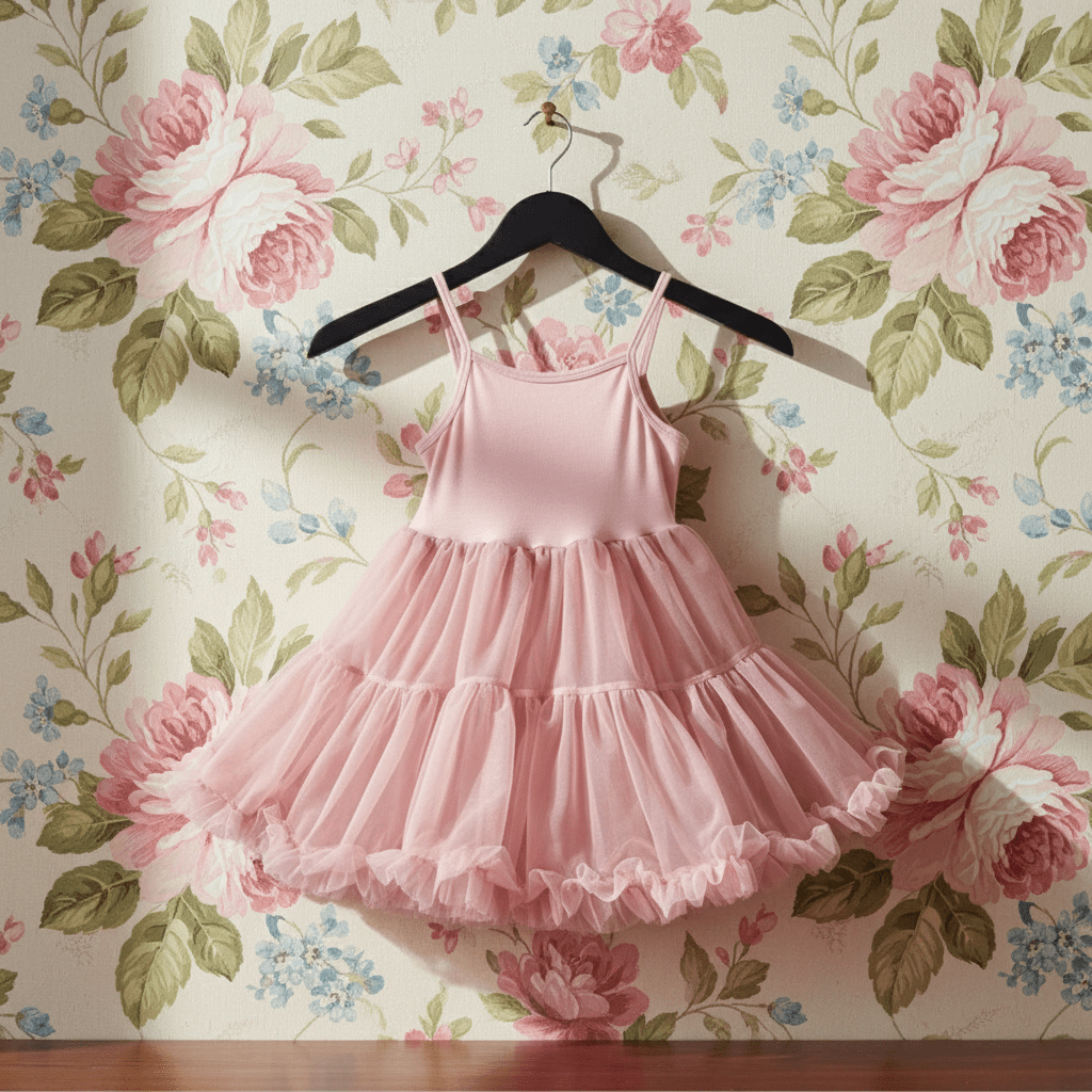Pink dress on a hanger against a floral wallpaper background