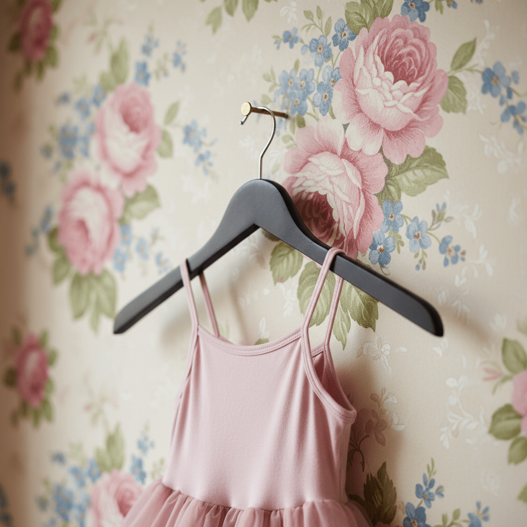 Pink dress on a hanger against a floral wallpaper background