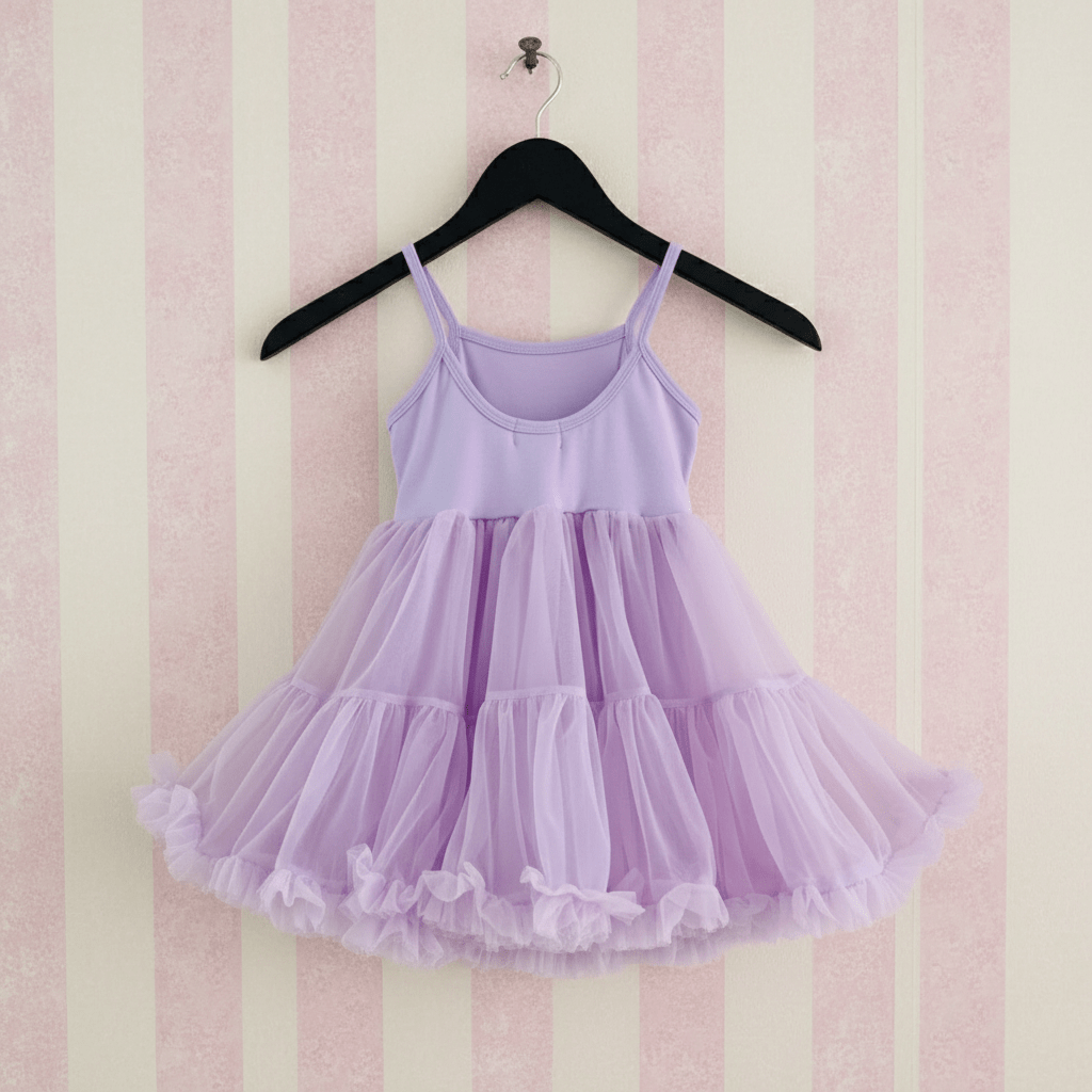 Lavender dress on a hanger against a striped wall.