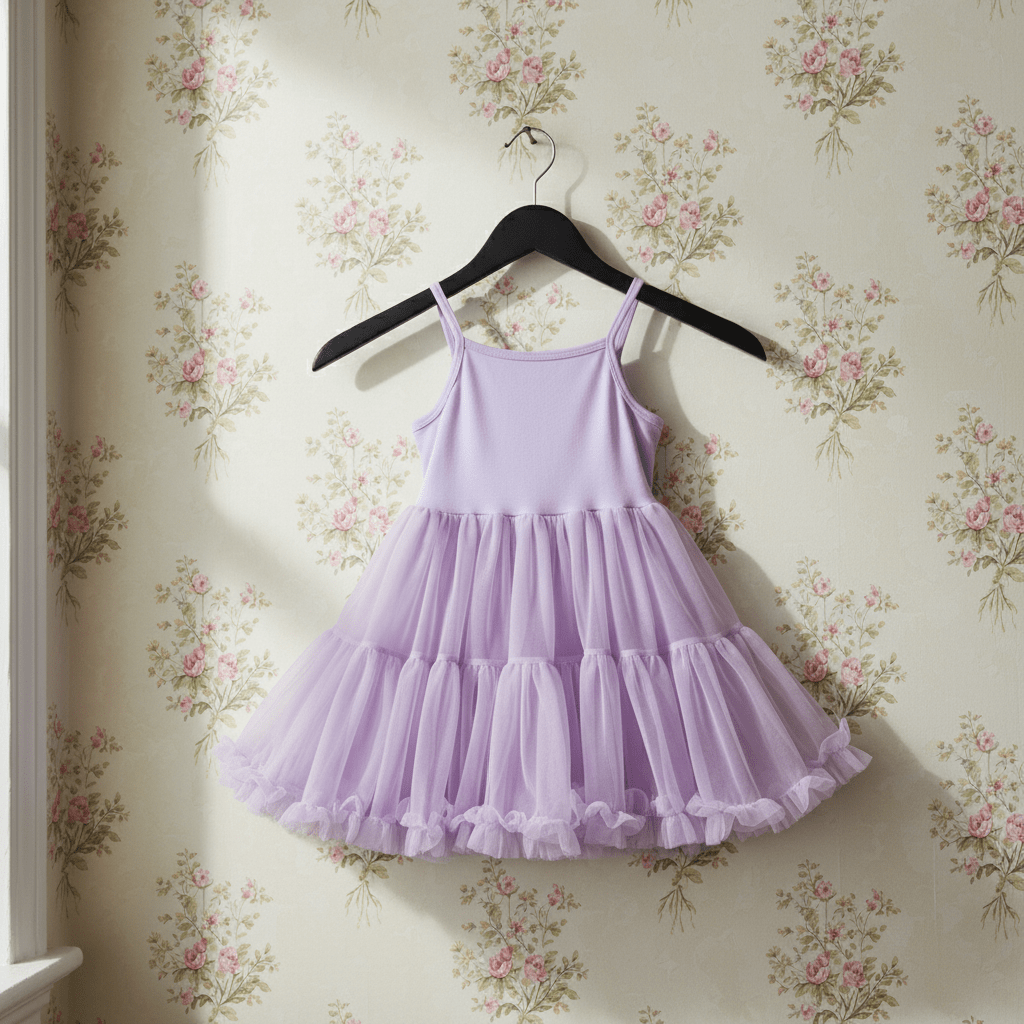 Purple dress on a hanger against floral wallpaper